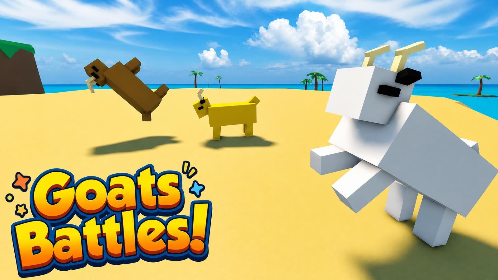 Goats Battles gameplay: blocky goats fighting on a beach arena